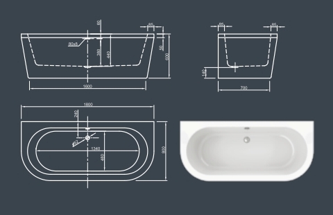 Схема Knief Dream Wall ванна пристенная 180x80 см с панелью и сифоном